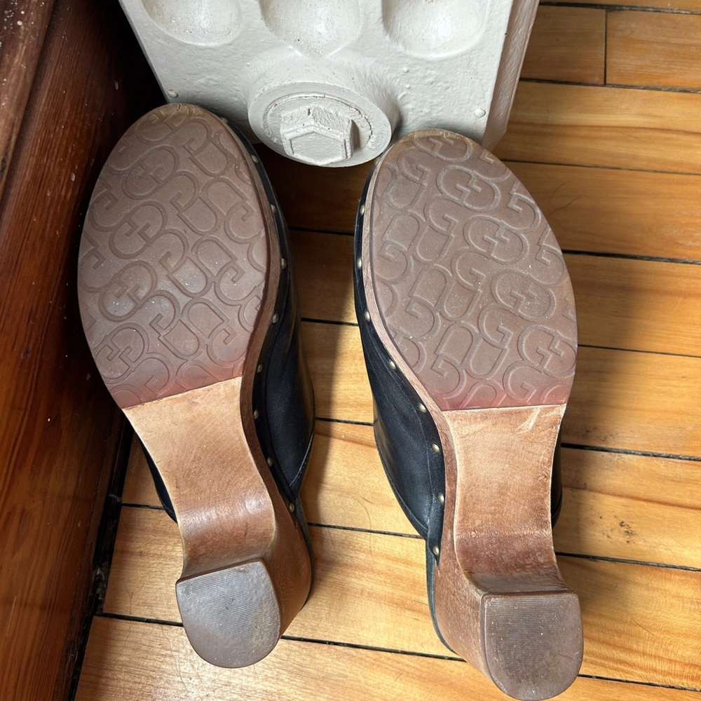 Black UGG Leather Clogs with Wooden Heel - Picture 2 of 2
